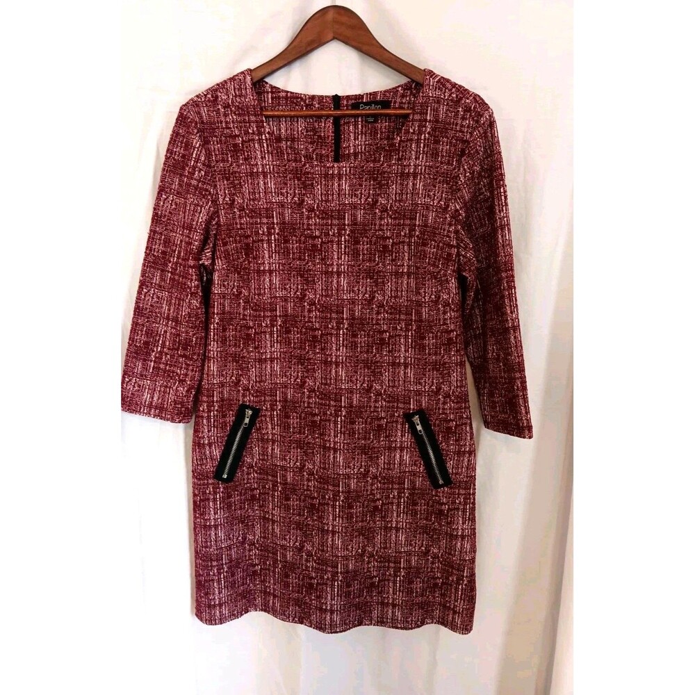 Papillon Women’s L Burgundy Textured Shift Dress 3/4 Sleeve Zipper Detail